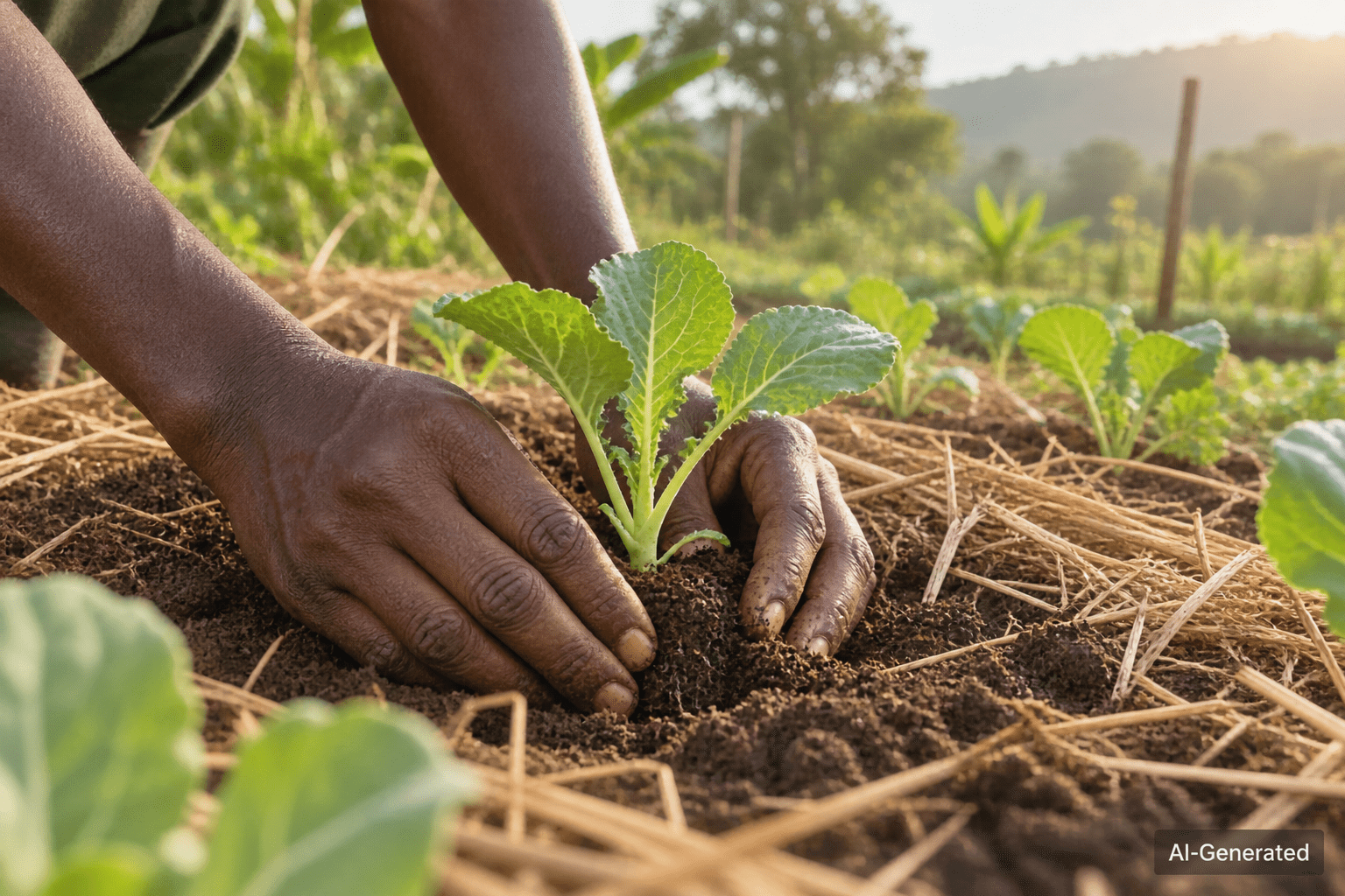AI-generated symbolic scene of hands planting a seedling