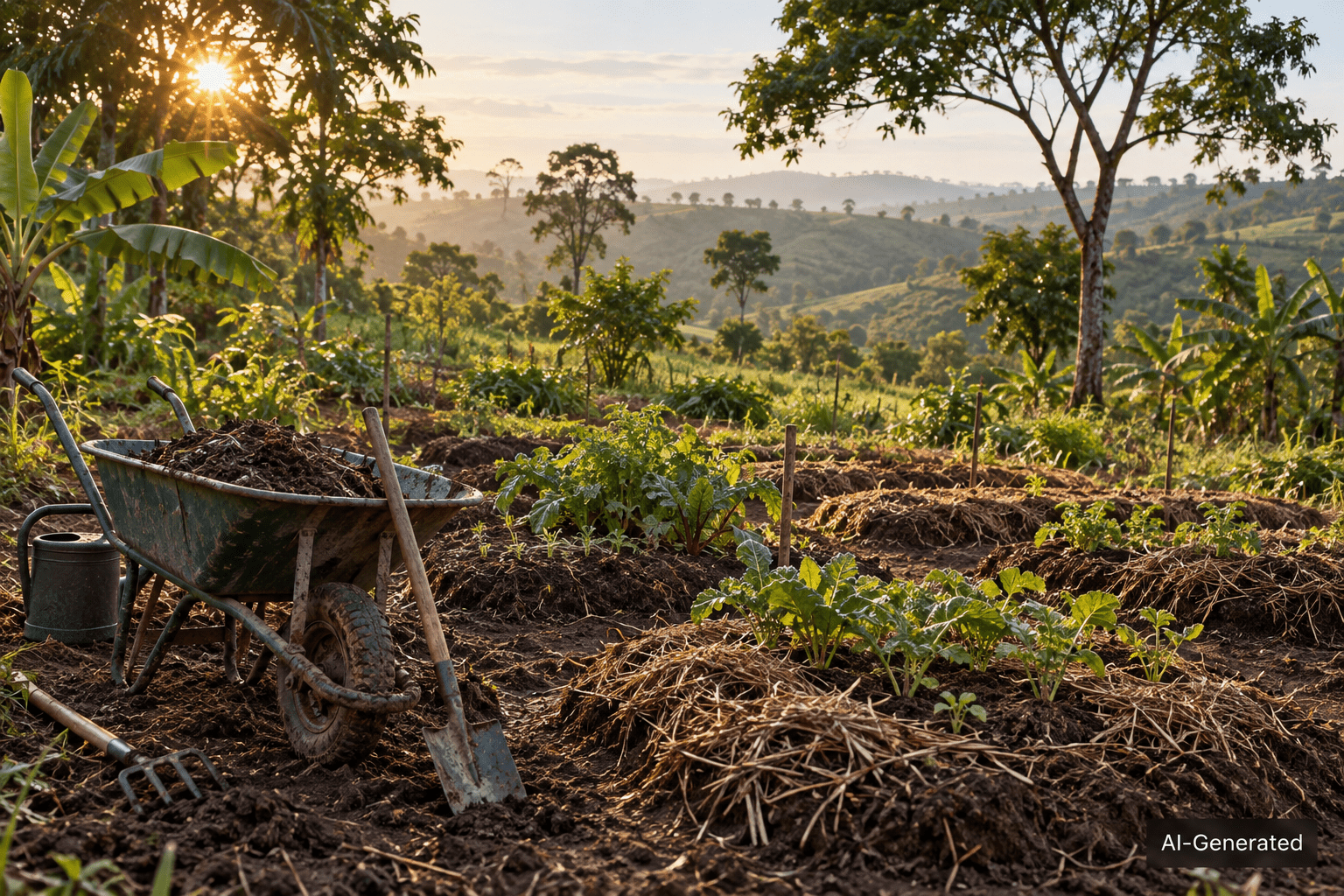 AI-generated symbolic scene of soil preparation and young permaculture beds
